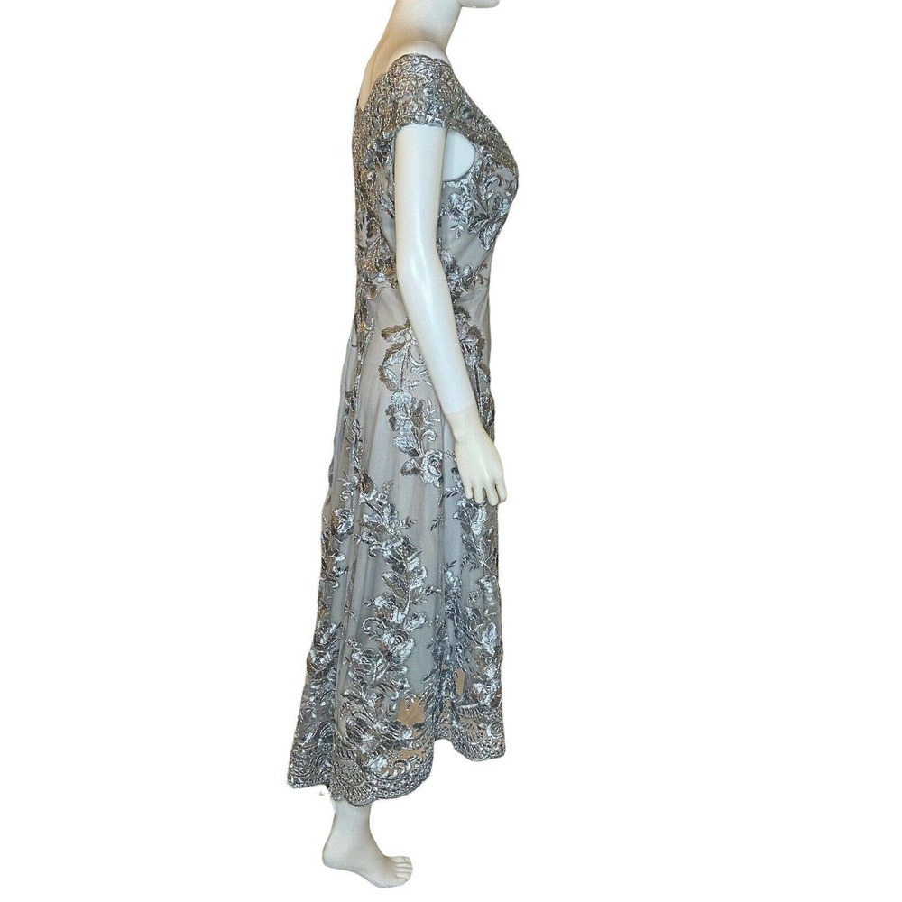 Quiz Gray Embroidered Scallop Neck Dip Hem Dress US 8 UK 12 NWT Org $170 - Picture 6 of 10